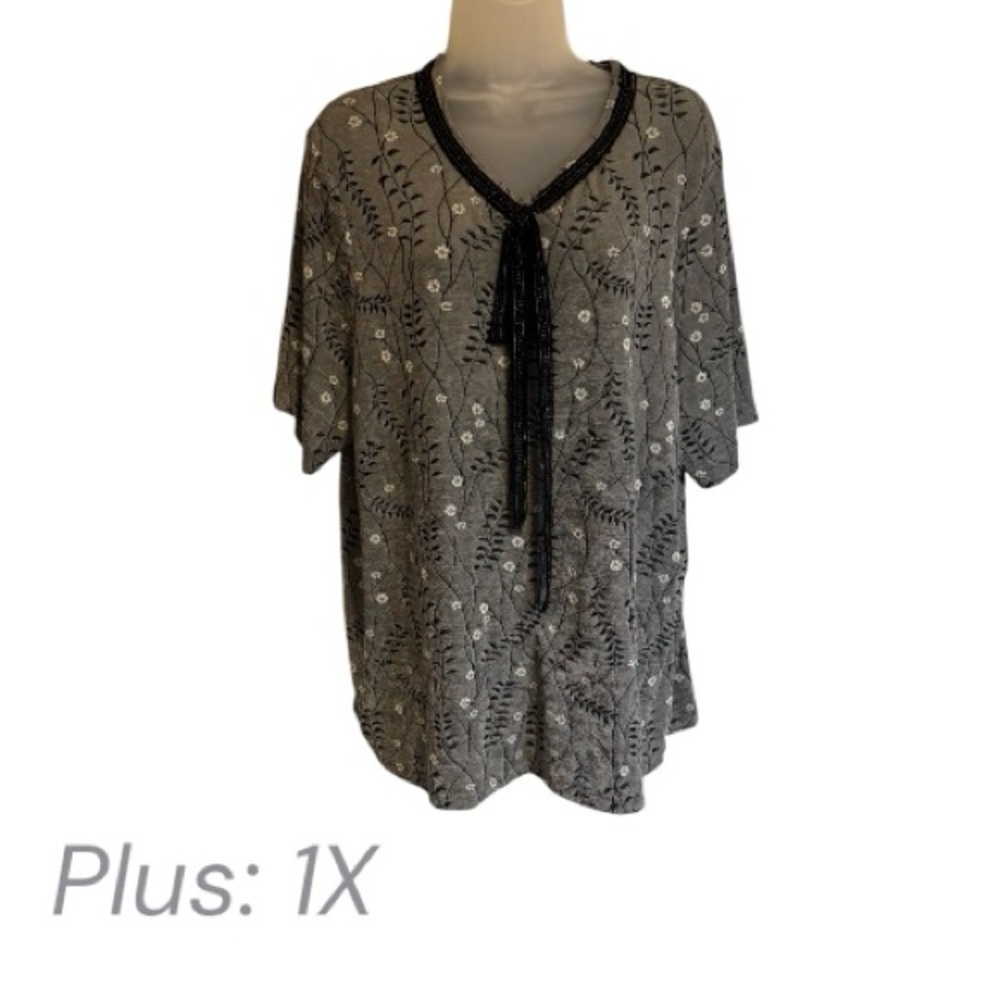 Elegant Gray Neutral  Blouse w/hint of shimmer neckline detail PLUS: 1X    #N